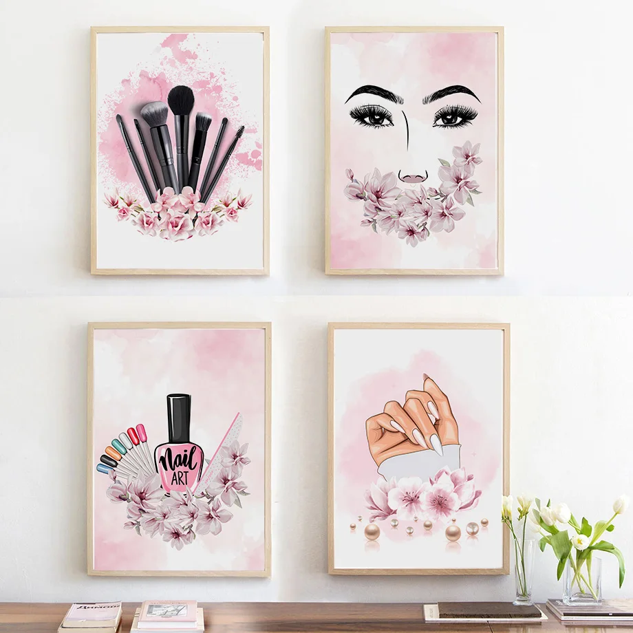 Makeup Blush Pink Yelashes Eyebrow Manicure Posters And Prints Beauty Salon Wall Art Canvas Painting Modern Nail Room Home Decor