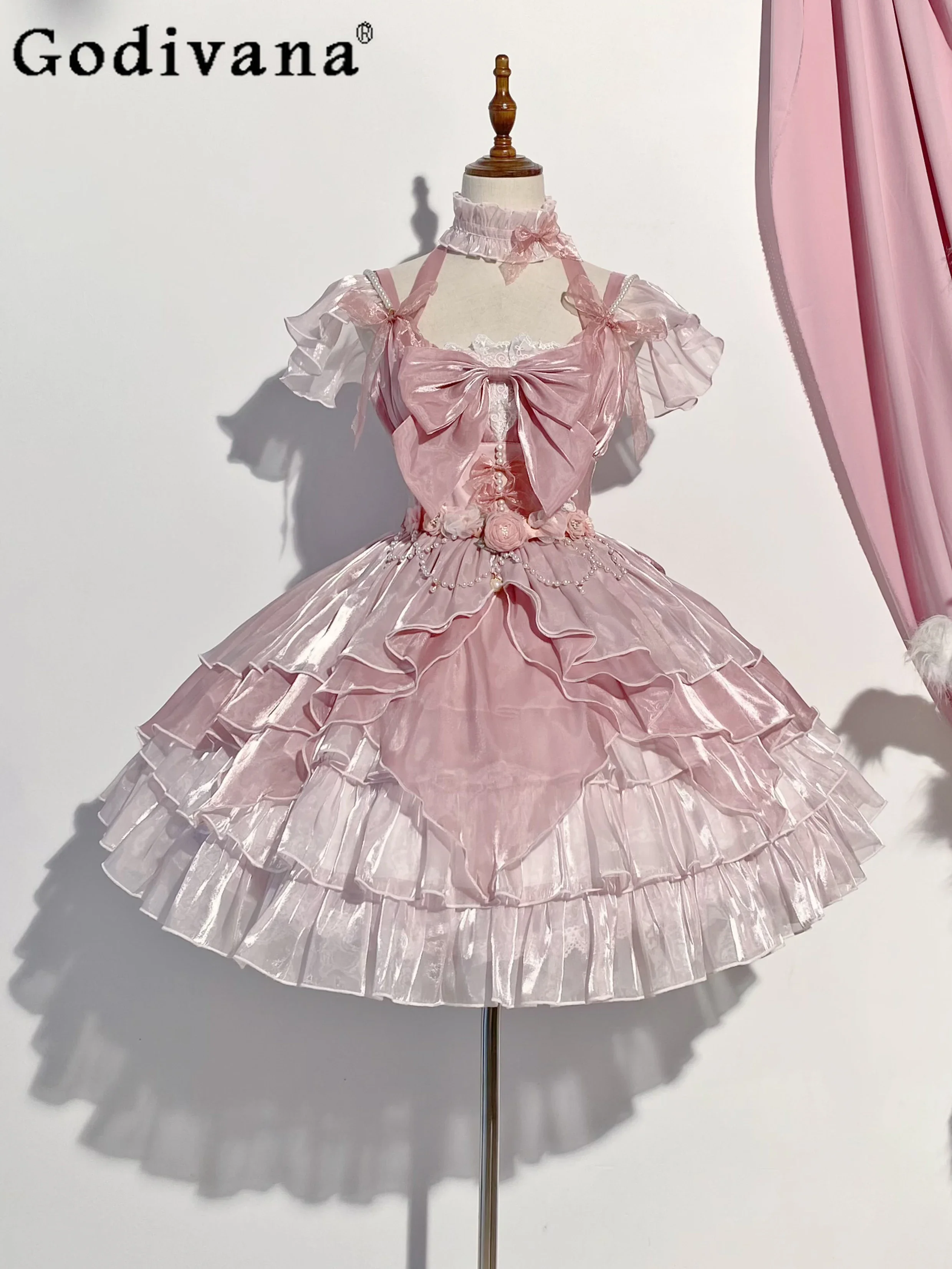 Pink Lolita Dress Jsk Girls Sweet with Trailing Bow Elegant Princess Dess Lady Birthday Party Dress Short Vestidos De Mujer