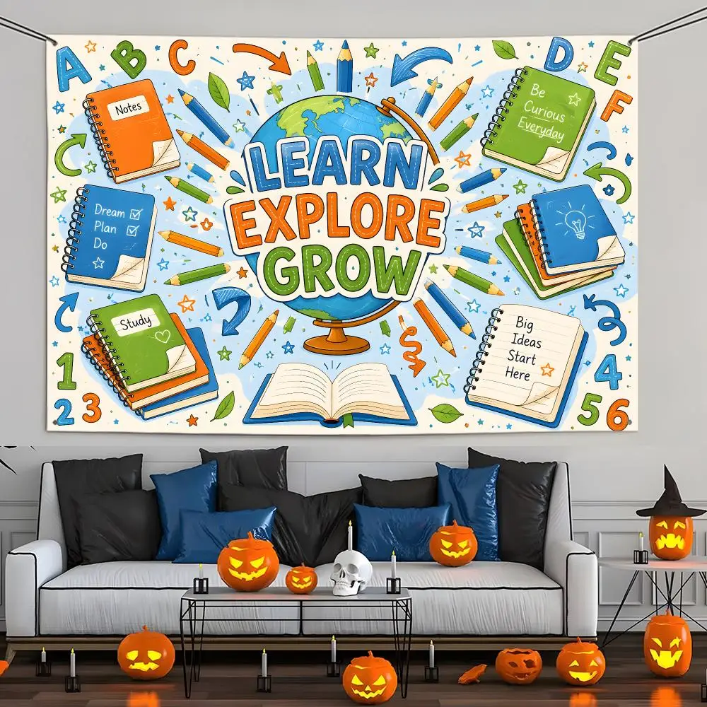 Learning and exploration materials globe notebook colored pencils Flags Aesthetic Wall Tapestry Printed Wall Hanging Living Room