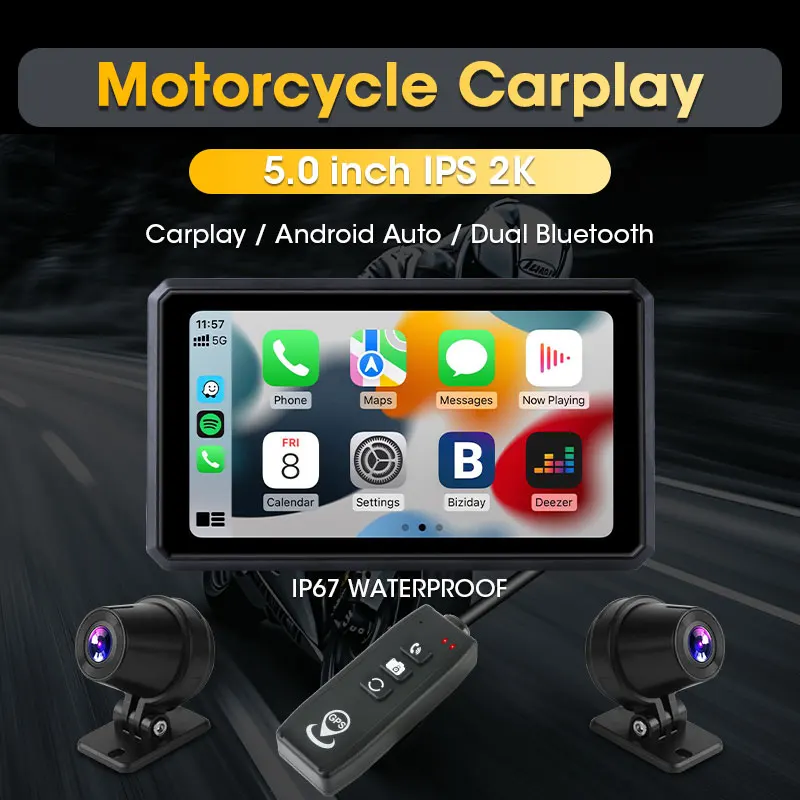 Srnubi 5 inch 2K Motorcycle CarPlay Navigation Wireless CarPlay Android Auto Airplay Display Screen Portable Motorcycle Monitor