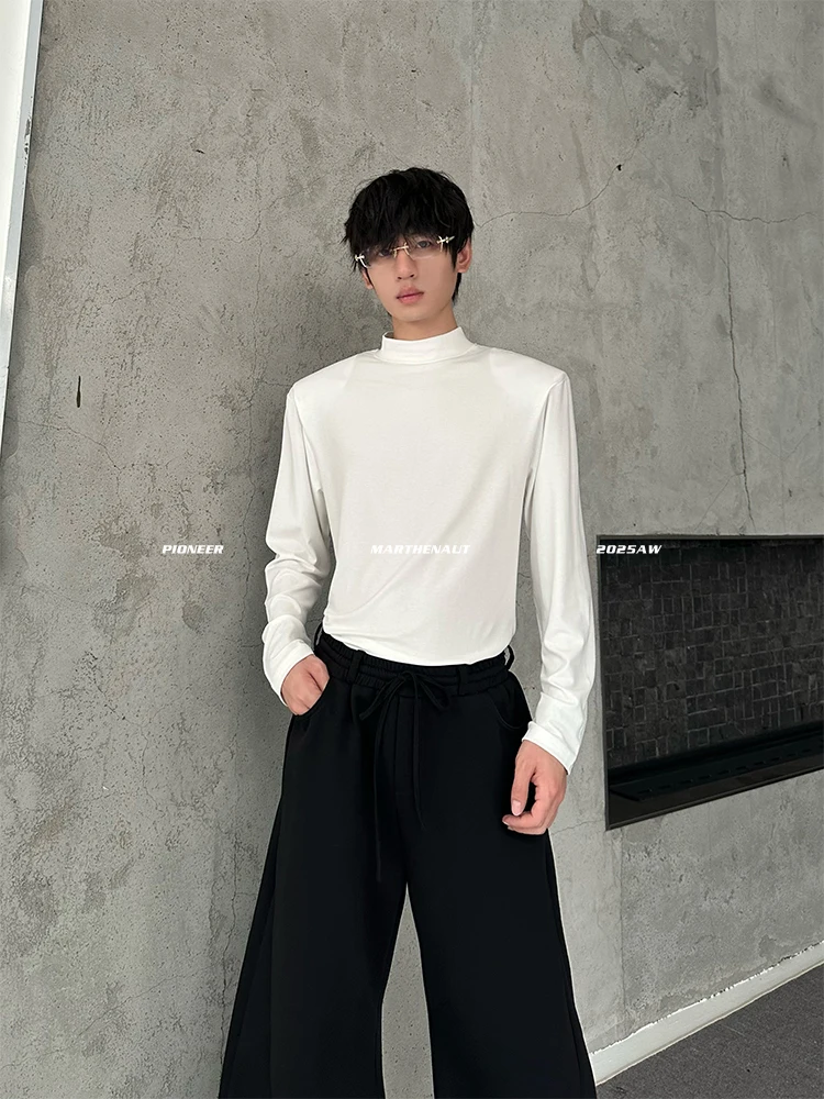 Original Marthenaut  Color Shoulder Pad Long Sleeve Half High Collar Versatile T-Shirt Cleanfit Slim Fit Youth Trend