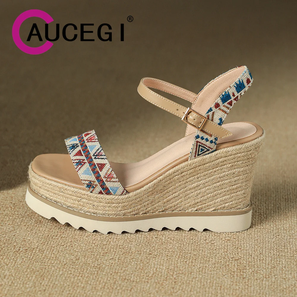 

Aucegi 2024 Summer Women Platform Wedges High Heel Gladiator Sandals Round Peep Toe Fashion Buckle Strap Banquet Casual Shoes