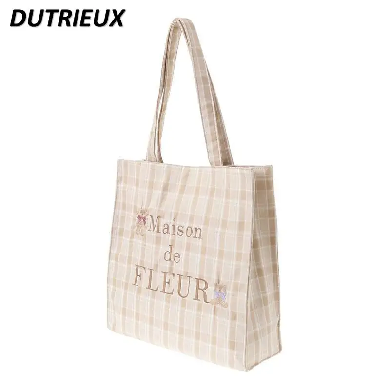 2025 Spring Summer Women's Bags Japanese Style Bear Embroidered Casual Checkered Pattern Tote Thick Canvas Tote Bag