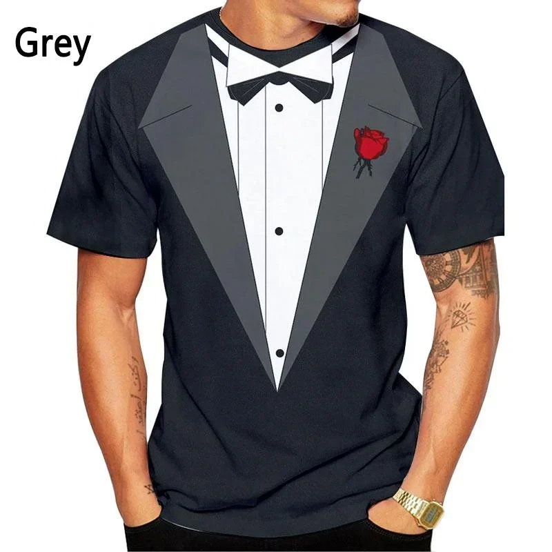 Summer Fashion Bow Tie 3d Printed T-shirt Men\'s and Women\'s Casual Short Sleeve Fake Suit Tuxedo Cool Streetwear Shirt