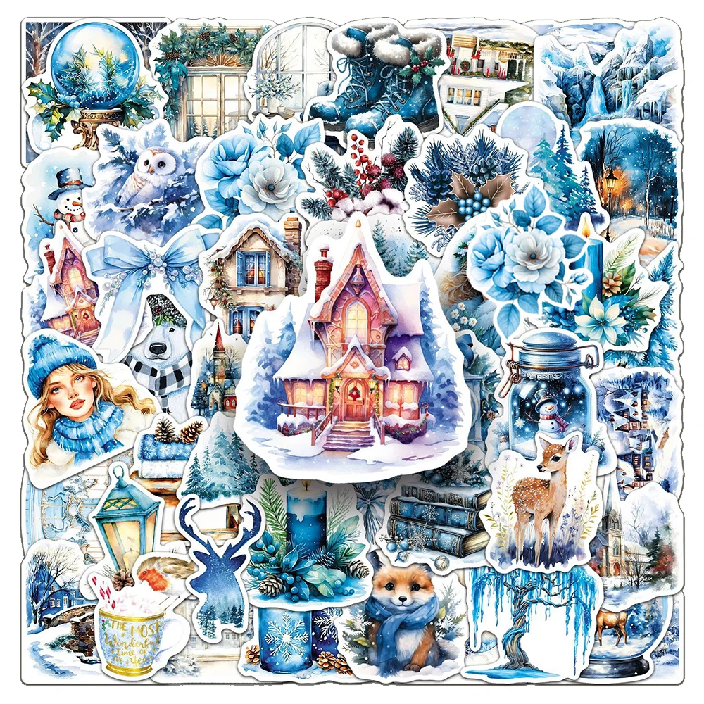 

10/30/50pcs Cartoon Blue Winter Christmas Stickers Aesthetic Decoration Decals DIY Notebook Guitar Cute Snowman Graffiti Sticker