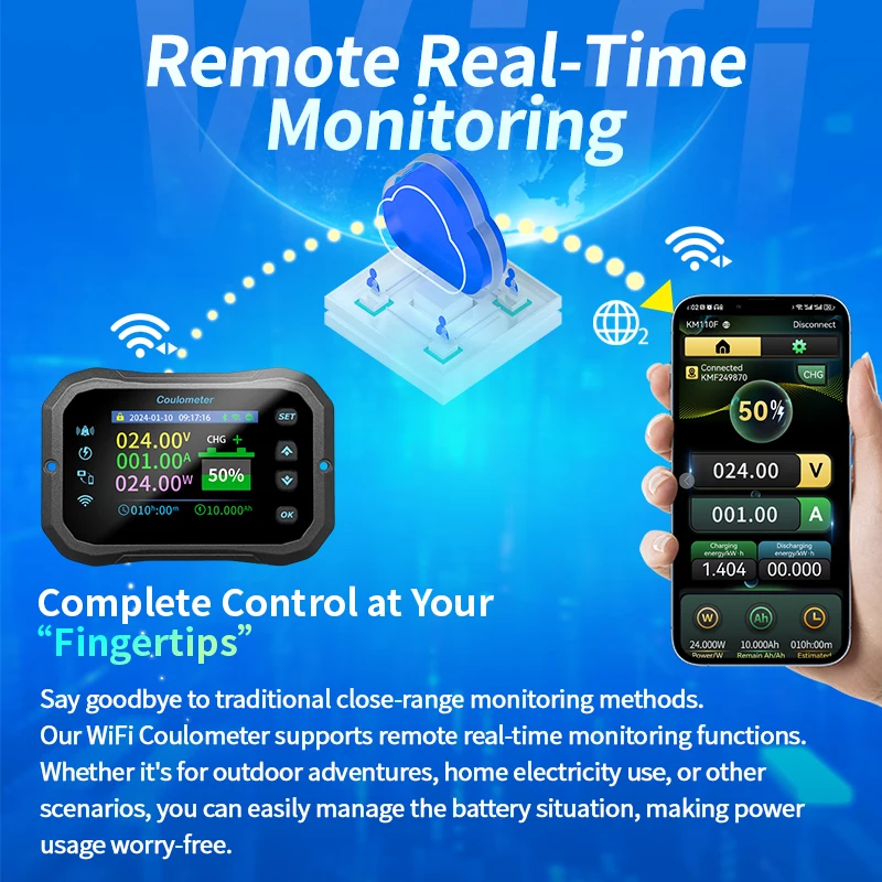 KM110F Coulomb meter with WIFI, high-precision bidirectional current detection, displays battery voltage & power for RV & EV.