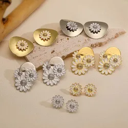 HECHENG 18K Gold Plated Enamel Drip Oil Daisy Spring Collection Earrings Japanese Simple Retro Women's Jewelry Gift 1 Pair