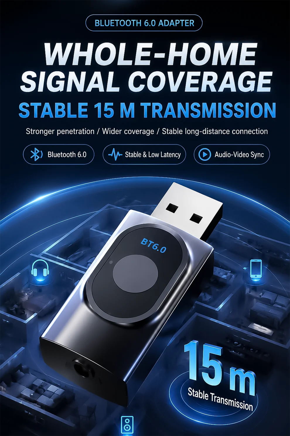 KEBIDUMEI 2 IN 1 Bluetooth 6.0 Audio Transmitter Receiver 3.5mm AUX USB Dongle With MIC Music Wireless Adapter For Car/TV/PC