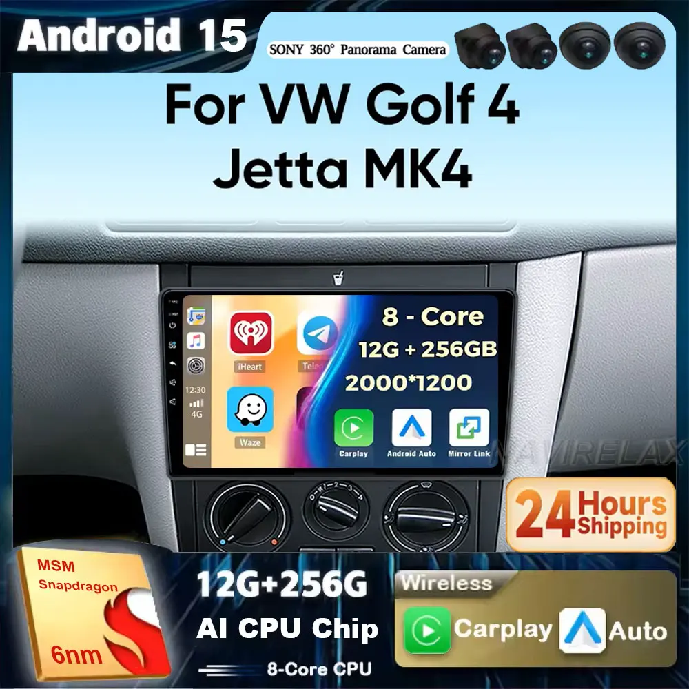 Android 15 Radio del coche para Volkswagen VW Golf 4 Jetta MK4 2002-2008 clásicos Bora coche Multimedia estéreo inalámbrico Carplay Auto Audi