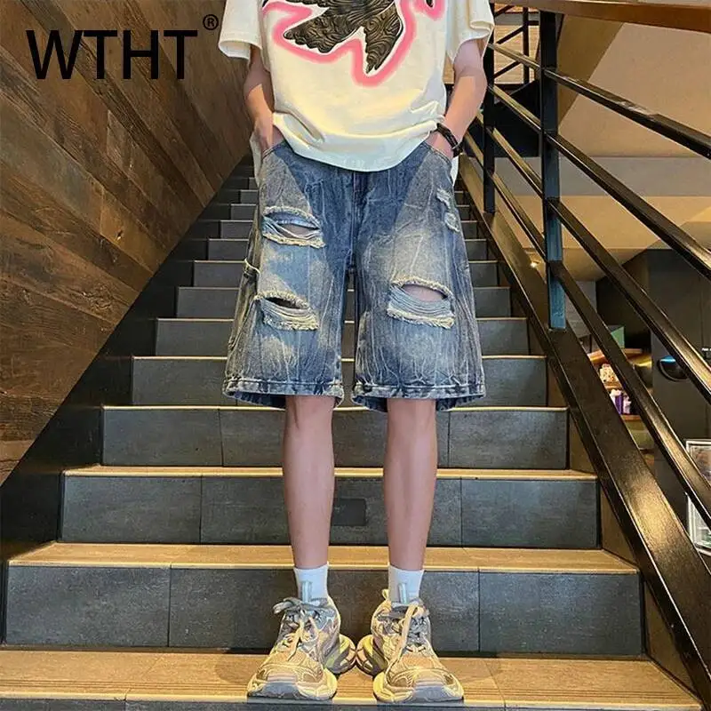 

WTHT Vintage Men Hole Burr Edge Wash Do Old Denim Shorts Fashion American Style High-waisted Short Pant Male 2026 Summer 2A2870