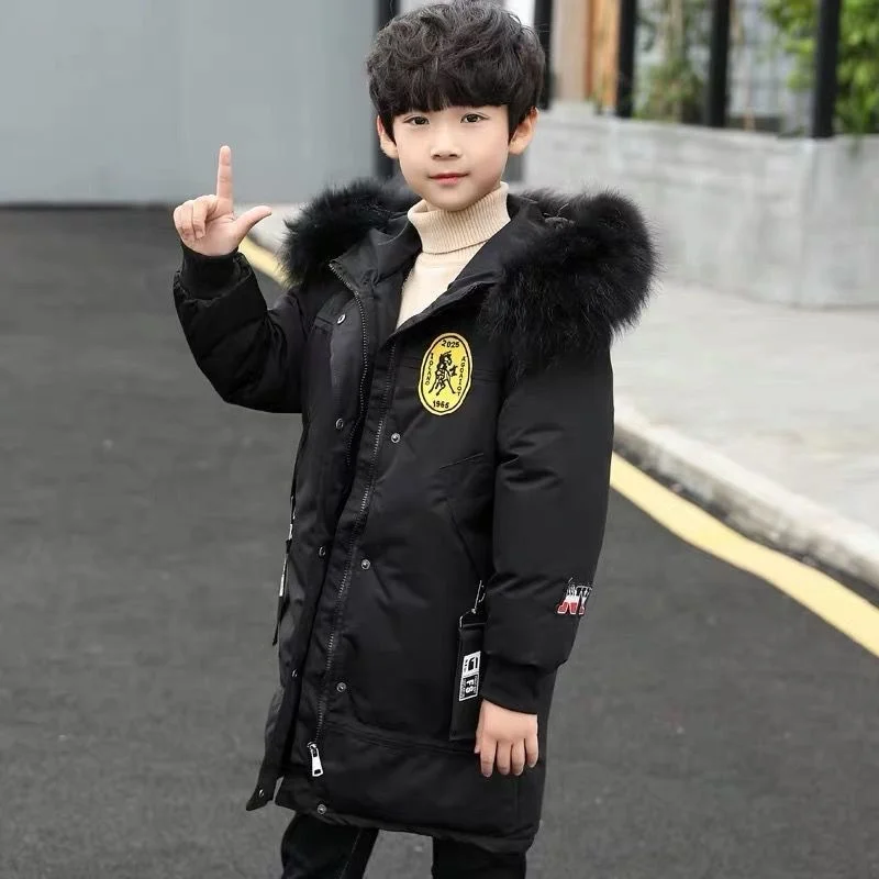 New Winter Thick Hooded Jacket Boys Fur Collar Parka Snowsuit Coats Mid-Length Warm Cold Protection Down Cotton Clothes