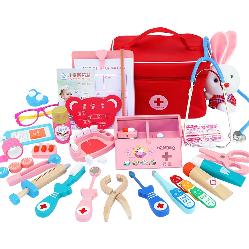 Madeira Pretend Play Doctor Brinquedos Educativos para Crianças, Simulação Médica, Conjunto de Peito de Medicina, Role Playing Toy for Kids