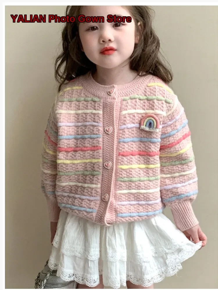 Girls Knit Cardigan 2025 Spring Rainbow Striped Casual Coat for Young Girls in Spring and Autumn