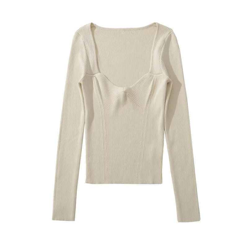 Dave&Di  British Fashion Blogger Vintage Square NeckTop Autumn  Knit Solid Long Sleeve Basic T-shirt Women