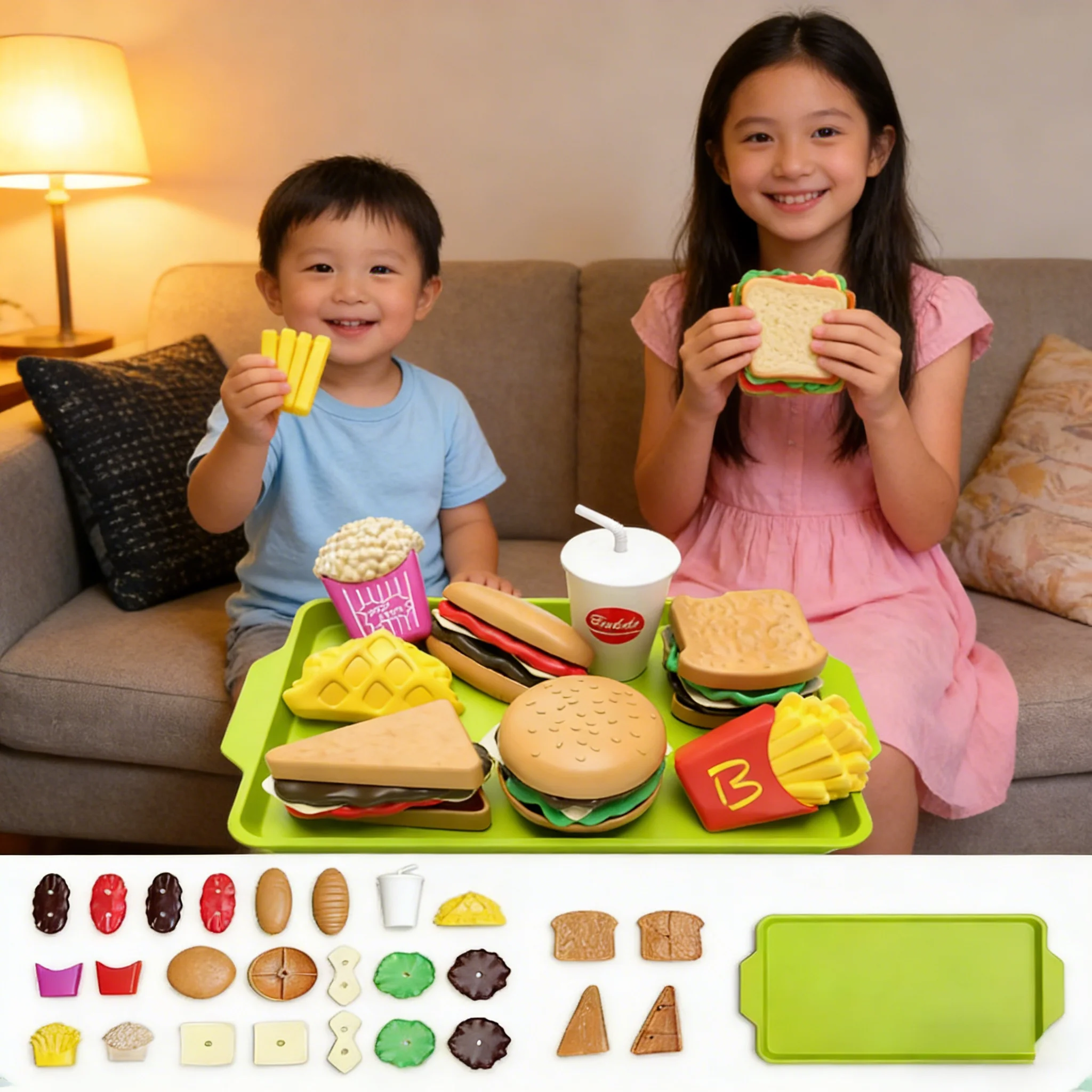 Zabawki do gotowania Montessori: Miniaturowy zestaw burgerów, kanapek i frytek, edukacyjna zabawka rozwijająca motorykę małą, prezent do zabawy w kuchnię dla dzieci.