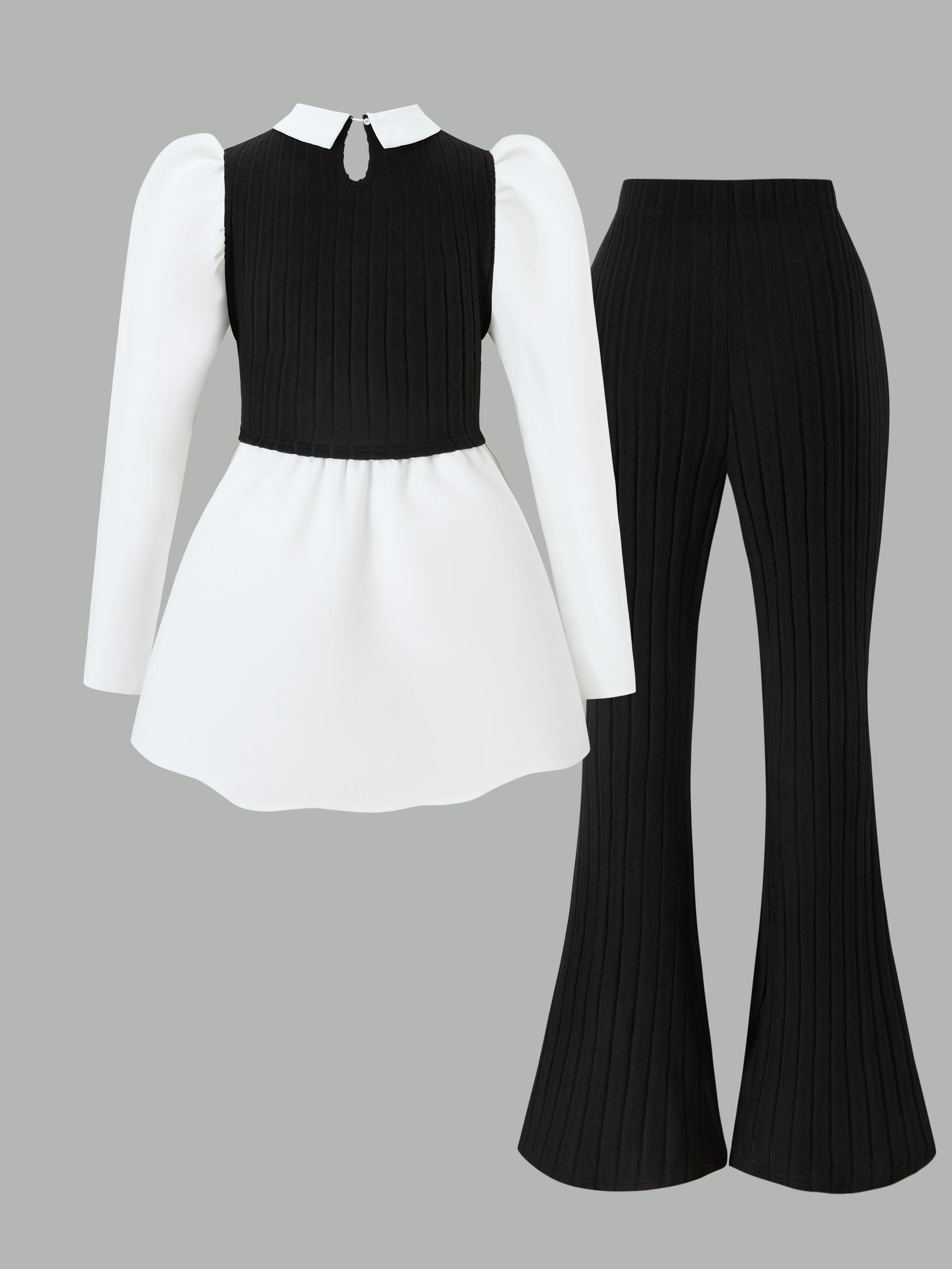 Ein zweiteiliges Set aus geripptem, kontrastfarbenem Langarmhemd für Damen in großen Größen, europäischen und amerikanischen Mode und geripptem Soli
