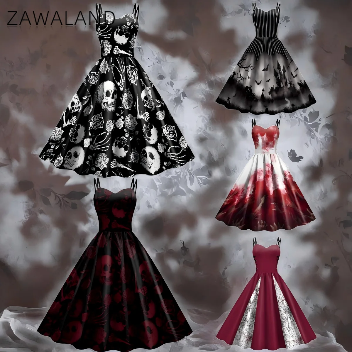 

Halloween Horror Cosplay Dresses Woman Skull Blood Printing Dress Carnival Festival Party Costume Gothic Backless Strap Skirt