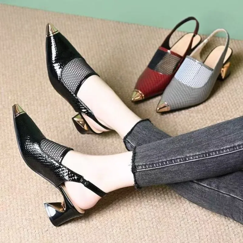 

2025 Summer Hot-sellsing New Style Thick Heel Slingback Pointed Toe Open-back Fashion Mesh Toe-covered High Heels
