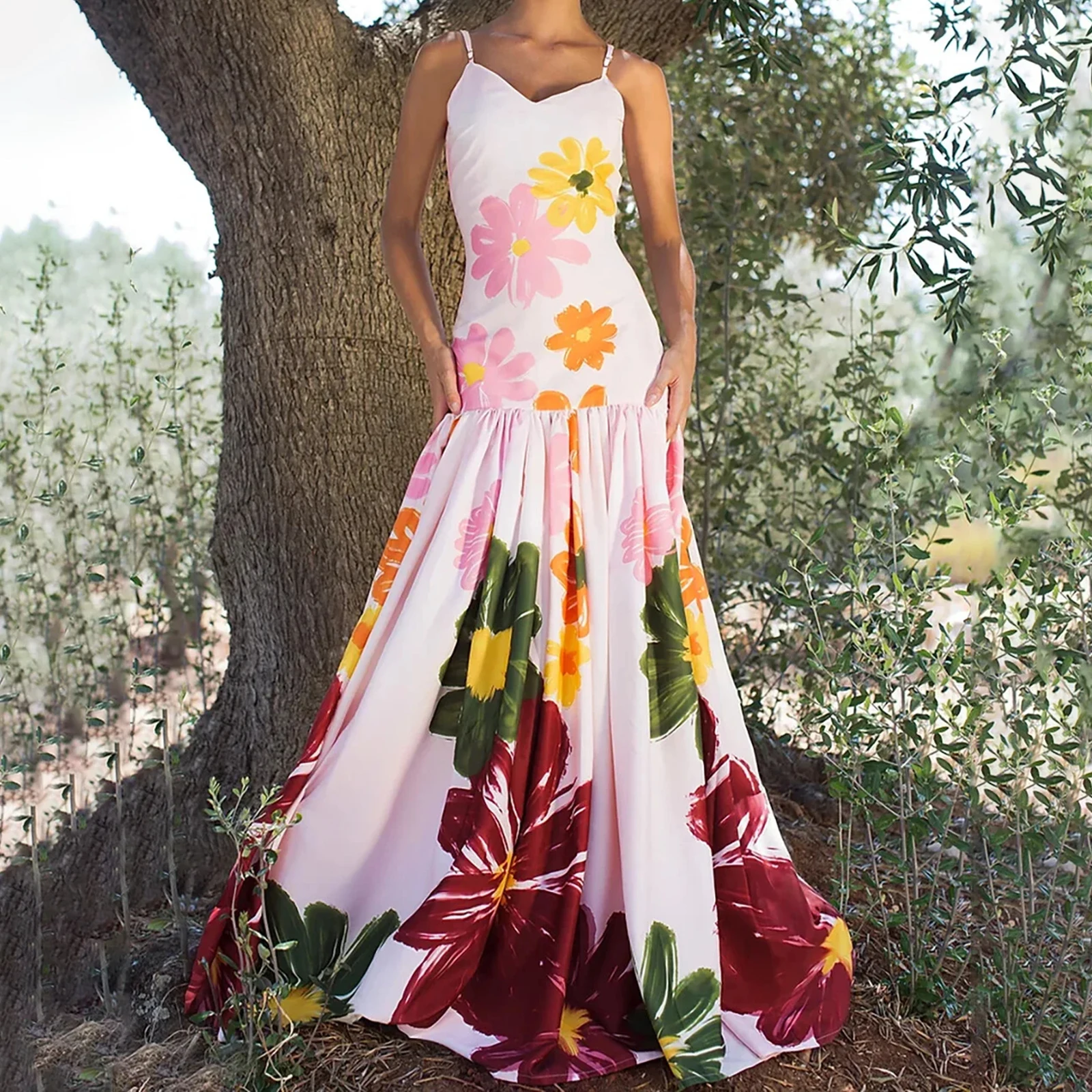 2025 Abiti da festa stile spiaggia Abito estivo lungo da donna senza maniche con stampa floreale Abito con cinturino per spaghetti con orlo fluido