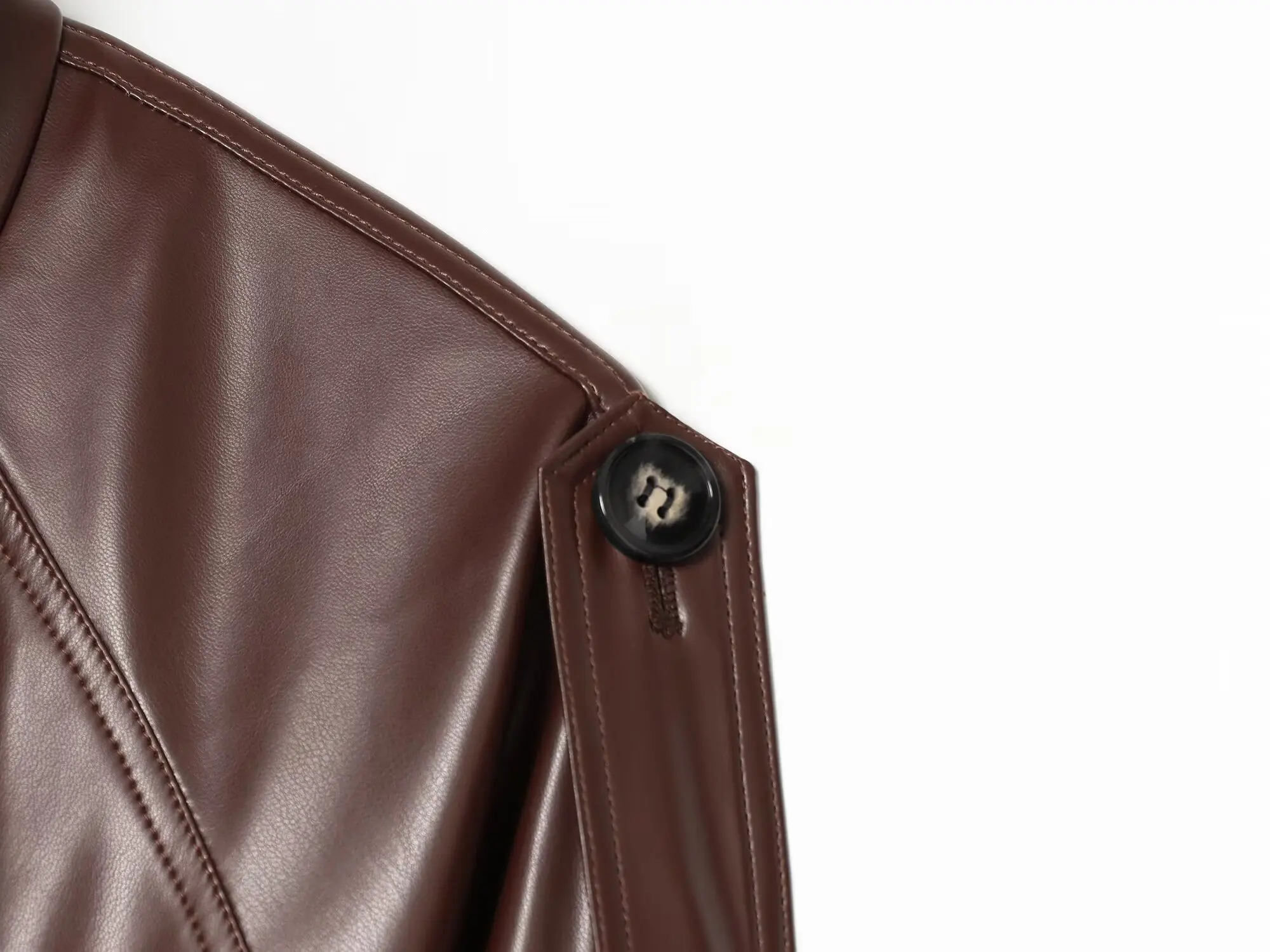 Women's Short Leather Effect Trench Coat, Lapel Double Breasted Windbreaker with Belt, Vintage Faux Leather Jacket