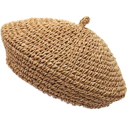 New Khaki Raffia Sun Hat Straw Women Summer Casual Elegant Ladies Beret Hat French Style Fashionable Spring Vintage Painters Hat