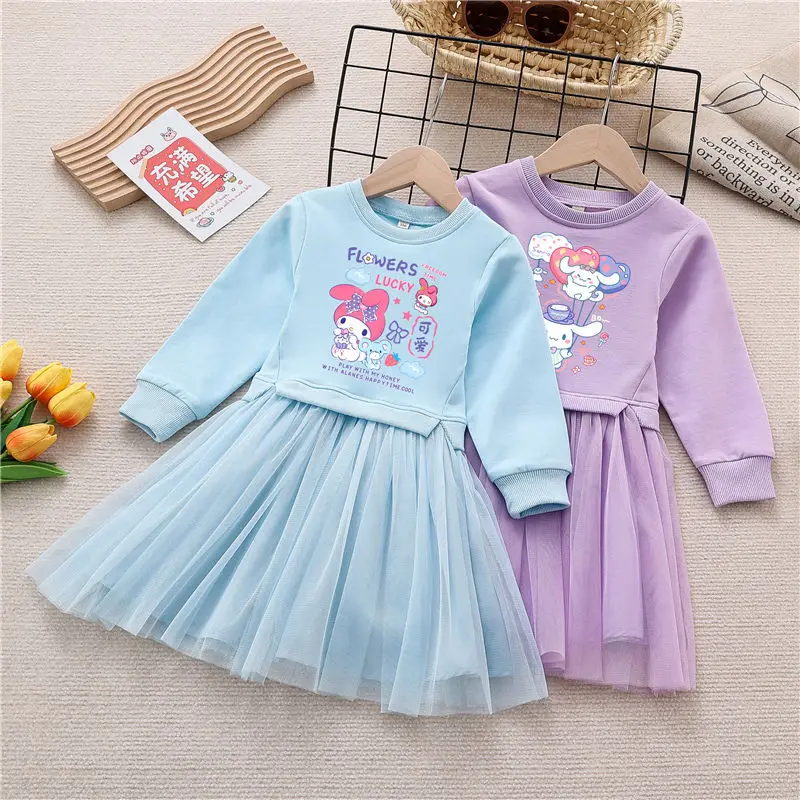 Sanrioed Kids Clothes Cartoon Kuromi Girls Long Sleeve Dress Anime My Melody Cinnamoroll Autumn Gauze Skirt Preppy Pleated Skirt