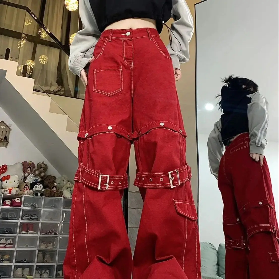 

Jeans Red Spliced ​​Bandage Detachable Loose Design New Spicy Girl Y2K High Street Women American Relaxed Wide Leg Long Pants