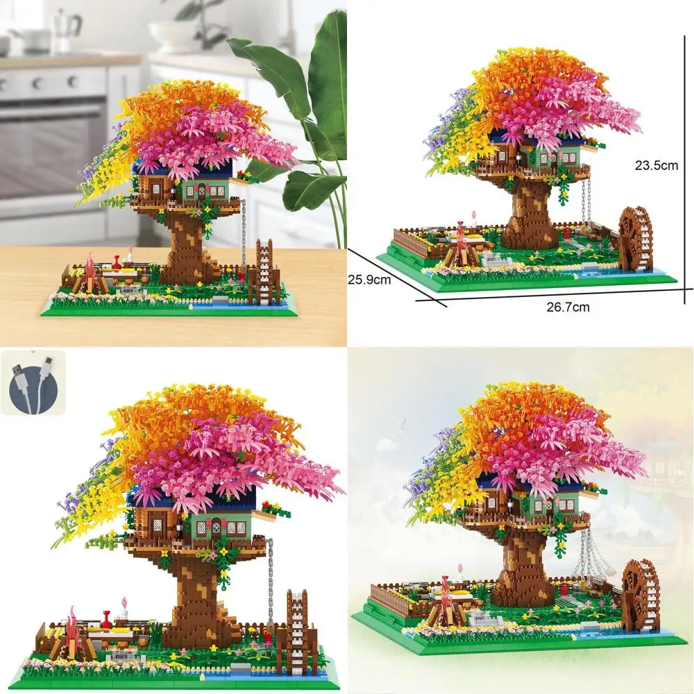 Illuminating Rainbow Flower Building Blocks and 4451-Piece Cherry Blossom Bonsai Tree Architecture Kit for Adults