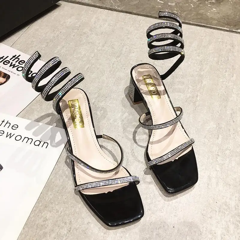 2024 New Sandals Female All-match Korean Version of Fashion Rhinestone Thick Heel Snake Wrapped Roman Shoes