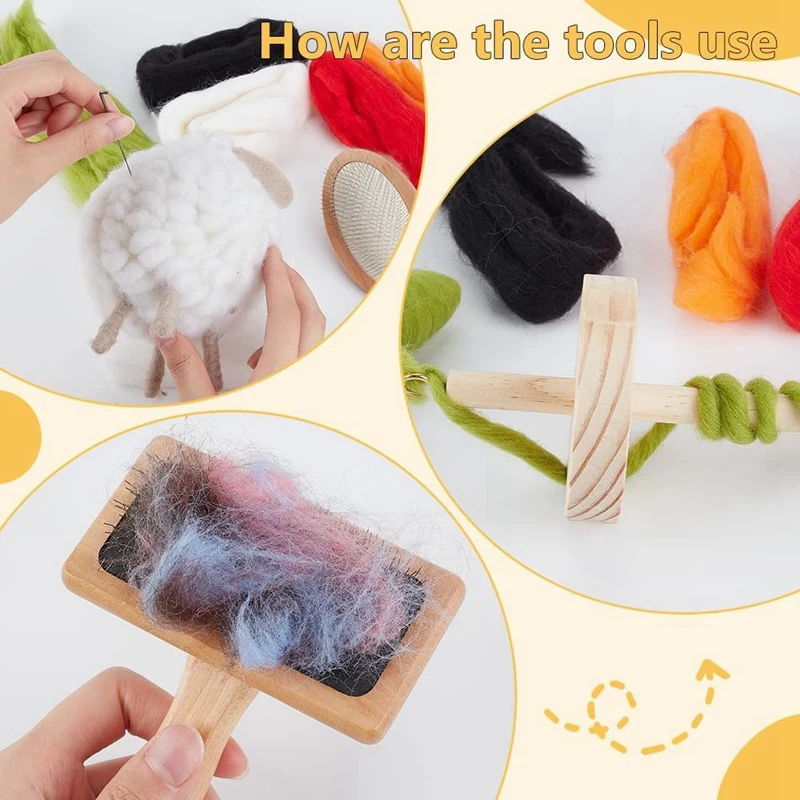 4Pcs Wooden Wool Carder,Slicker Brush Wood Spinning-Tool Felting Tool Kit With 12Pcs Craft Wool Needle For Yarn Blending