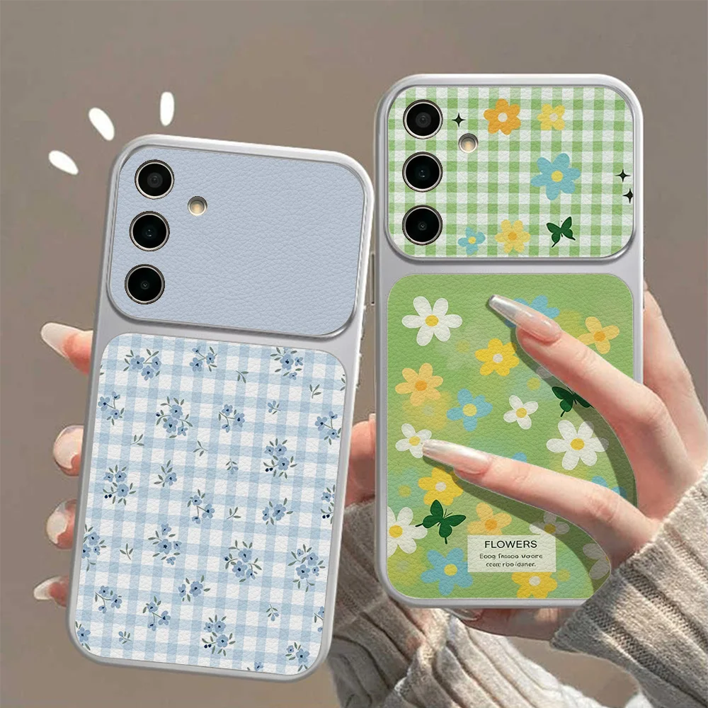 Karierte Blumen-Leder-Handyhülle für Samsung S26 Ultra S25 A57 A56 A37 A36 A27 A26 A17 A16 mit Trageschlaufe Weiche Silikonhülle