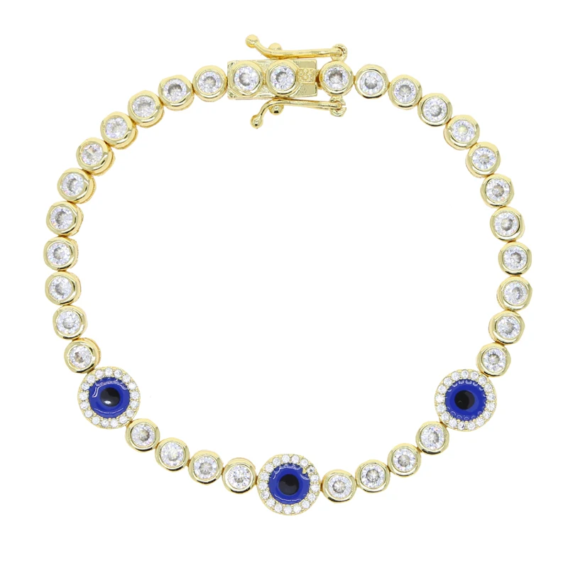 Gold Plated Round Bezel Set Tennis Chain Lucky Turkish Evil Eye Charm High Quality Sparking CZ Bracelet