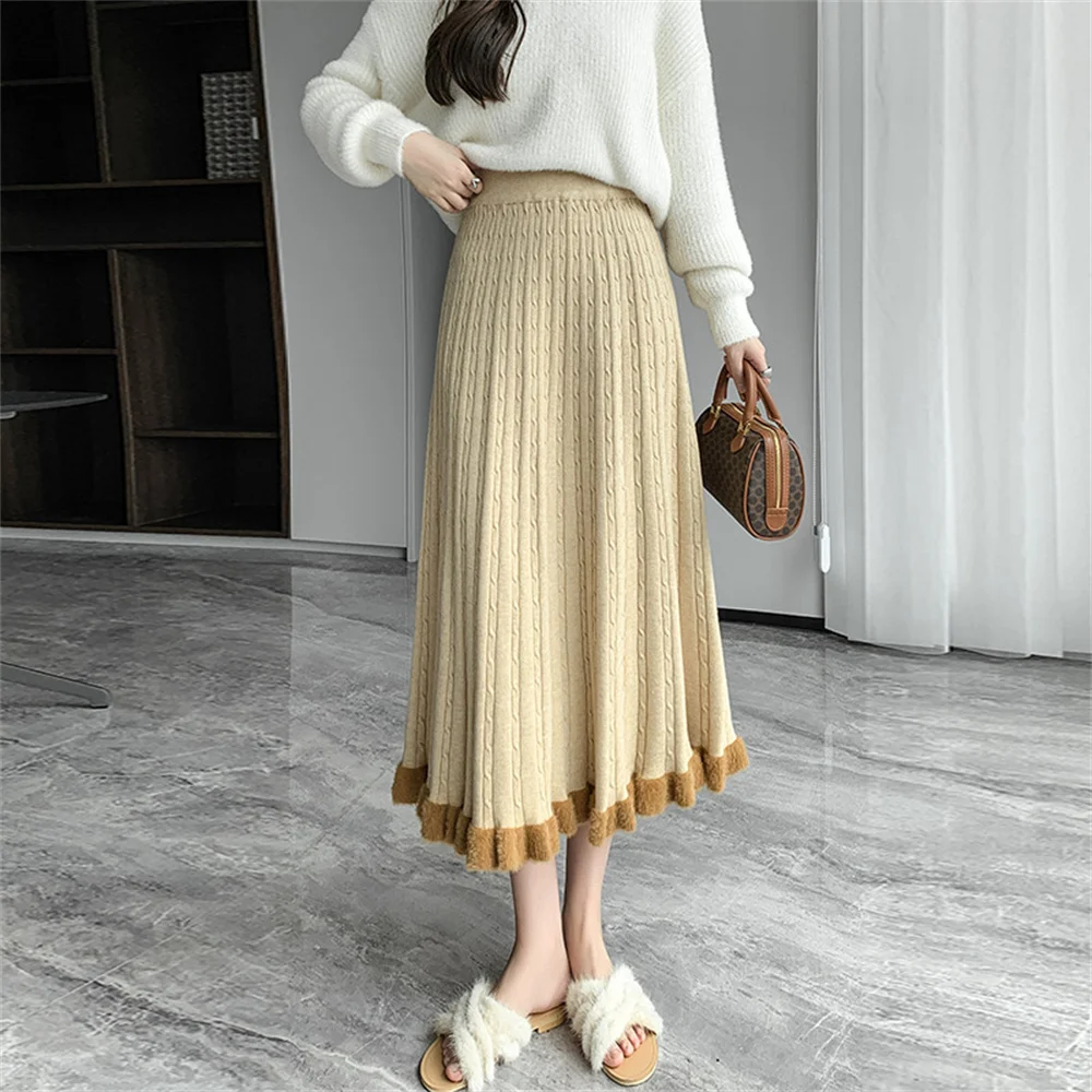 2026 New High Waist Thick Knitted Skirt for Women's Wool Skirt Autumn Winter Elastic Ladies Ruffles Pleated Skirts