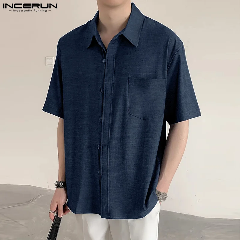 

Handsome Well Fitting Tops INCERUN Men's Two-color Woven Design Shirts Summer Casual Streetwear Male Short Sleeved Blouse S-5XL