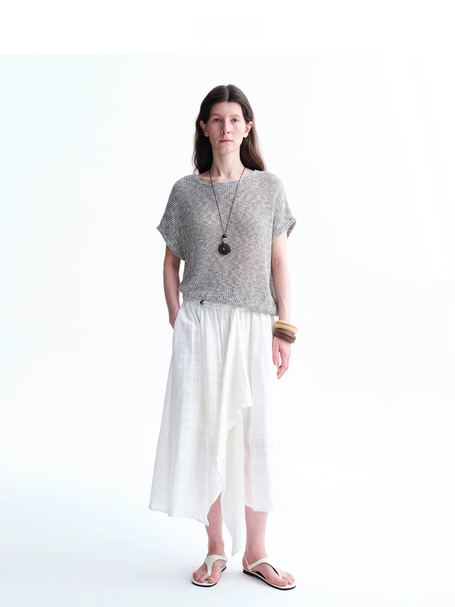  Linen Micro Translucent White Plaid Texture Drawstring Waist Irregular Half Skirt Women's Casual mid Waist Skirt