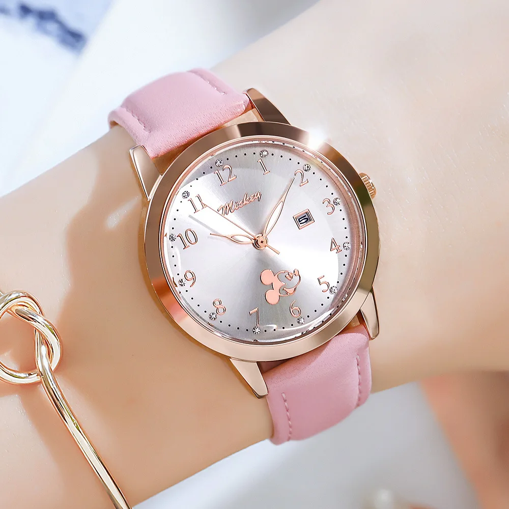 Disney Gift With Box Women Gradient Color Fashion Watch Girl Leather Student Clock Calendar часы женские Relogio Feminino