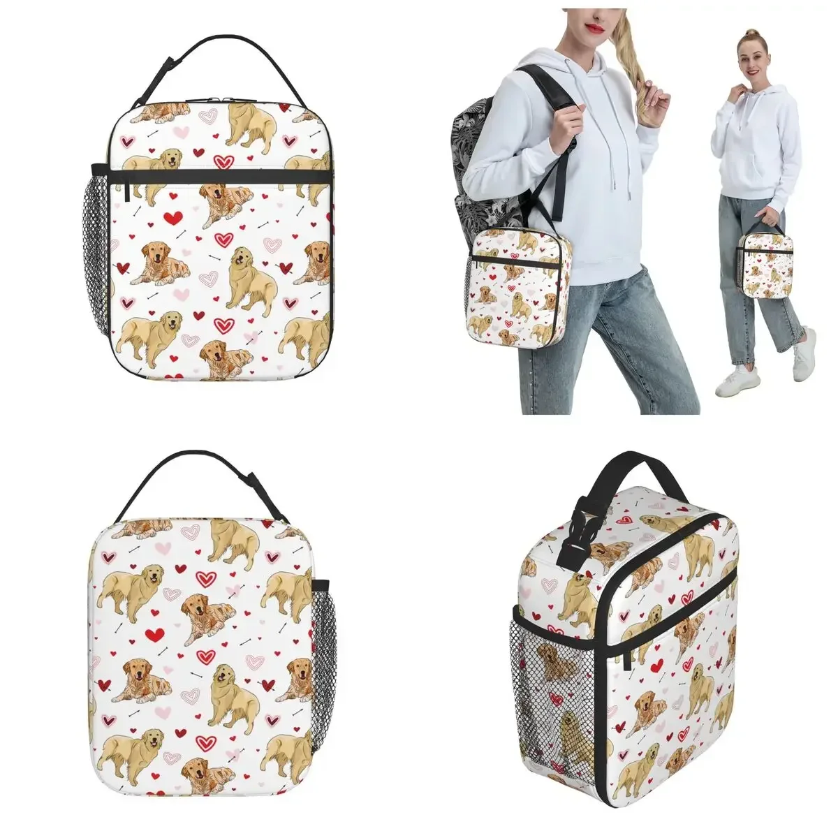 Bolsa de mano aislante para el almuerzo, Bento térmico para la escuela, enfriador divertido, corazones, garabatos, amor, perro, Golden Retriever