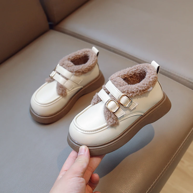 British Style Children Leather Shoes for Girls Winter 2023 Thick Soled Lamb Wool Warm Boys Uniform School Cotton Shoes Plush PU