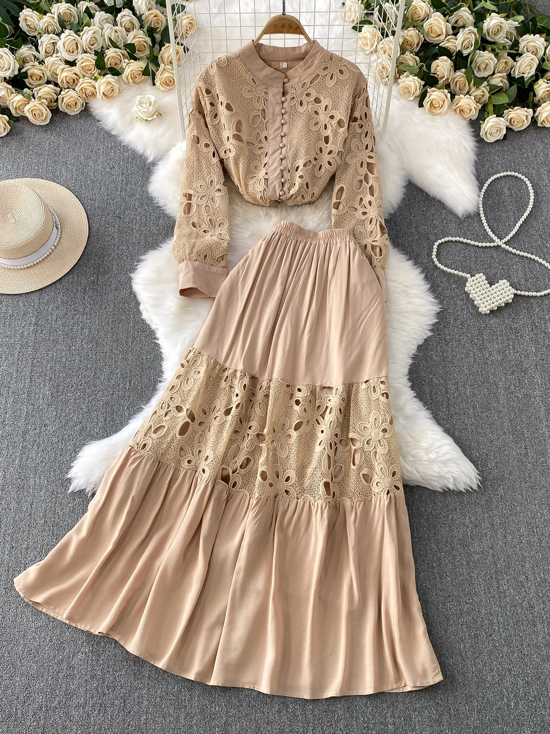 

Ele Long Sve Lace Hollow out irt with High Waist Slimming f Skirt Two Piece Set Faionable Ensemble for Young Women