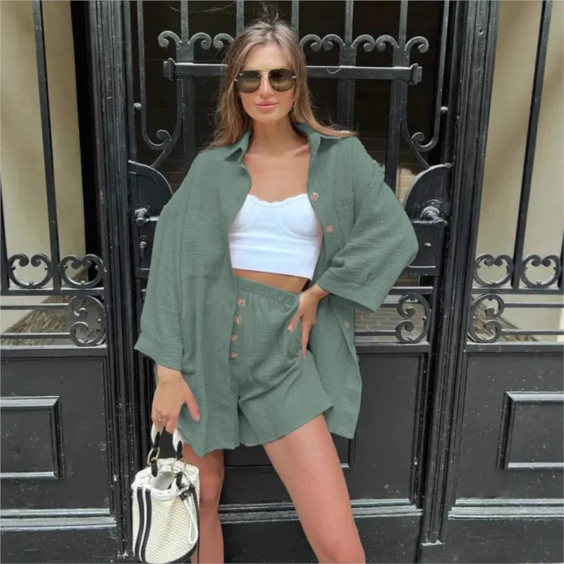 

2026 Lapel Single-breasted Solid Color Loose Shirt Top Elastic Waist Button Shorts Two-piece Summer Women's Vacation Casual Suit
