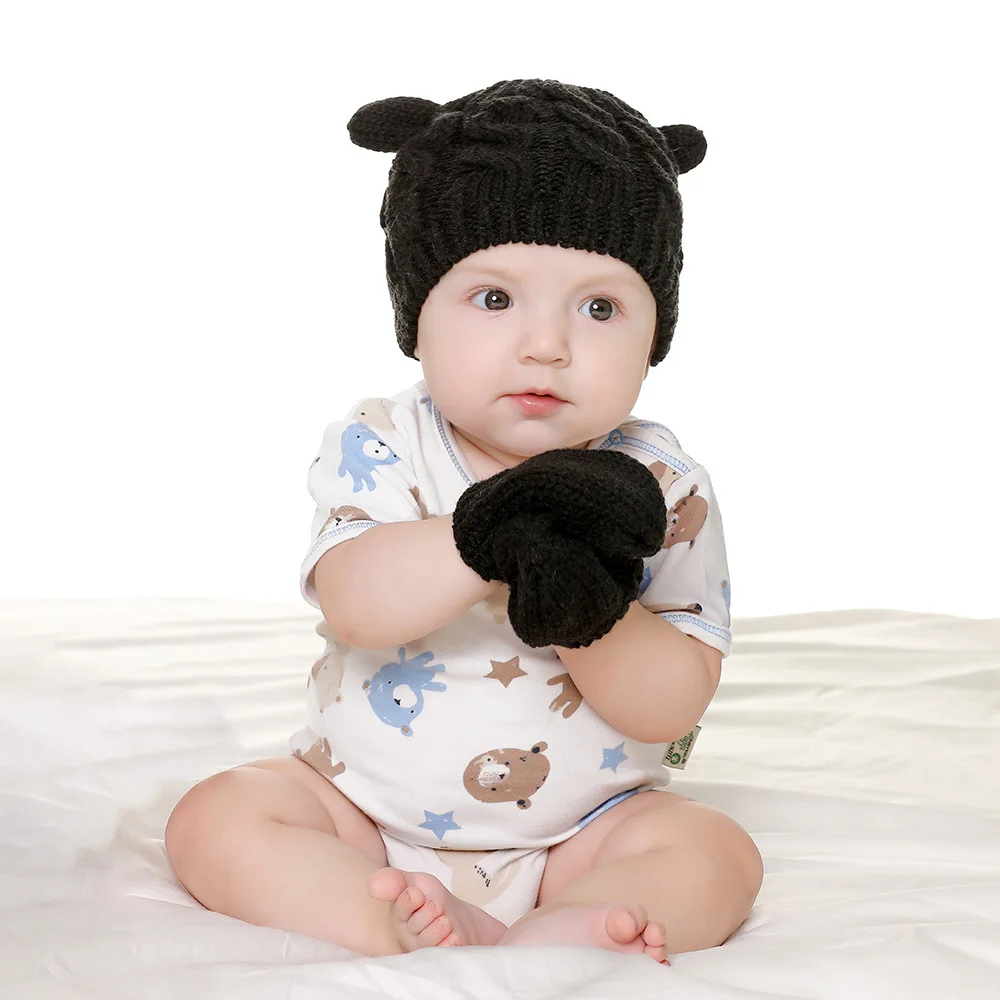 Anti-scratch Baby Hat and Mittens Set Kids Knitted Cotton Beanie Cap Winter Warm Cute Little Ear Shaped Hats for Boys and Girls