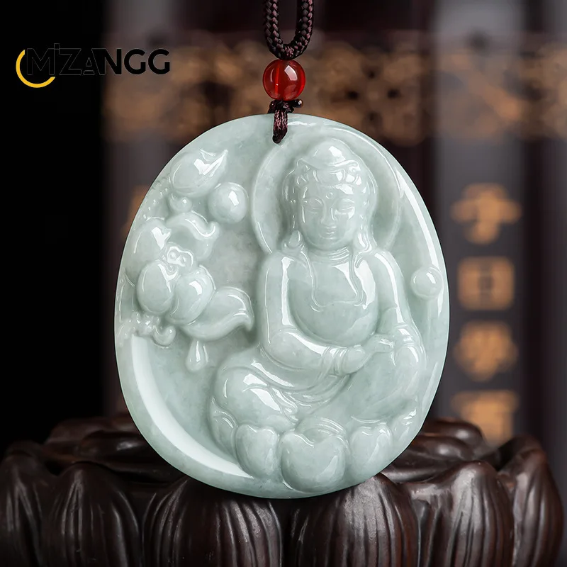 

Natural Jadeite Glutinous Goddess of Mercy Pendant Hand-carved Personalised Simple Ice Jade Necklace Men and Women Holiday Gift