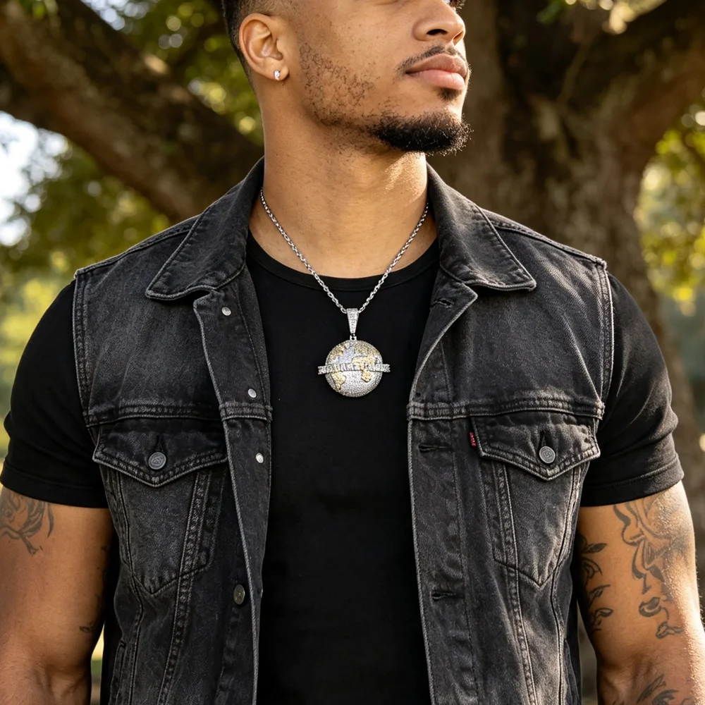 2026 Newly launched men's hip-hop earth map three-dimensional letter inlaid zircon dual color pendant necklace jewelry gift