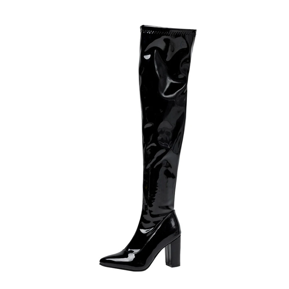 Sexy Fashion Women Thigh High Boots Platform Thick High Heels Patent Leather Zipper Long Over Knee Boots Big Size 46 1314-1