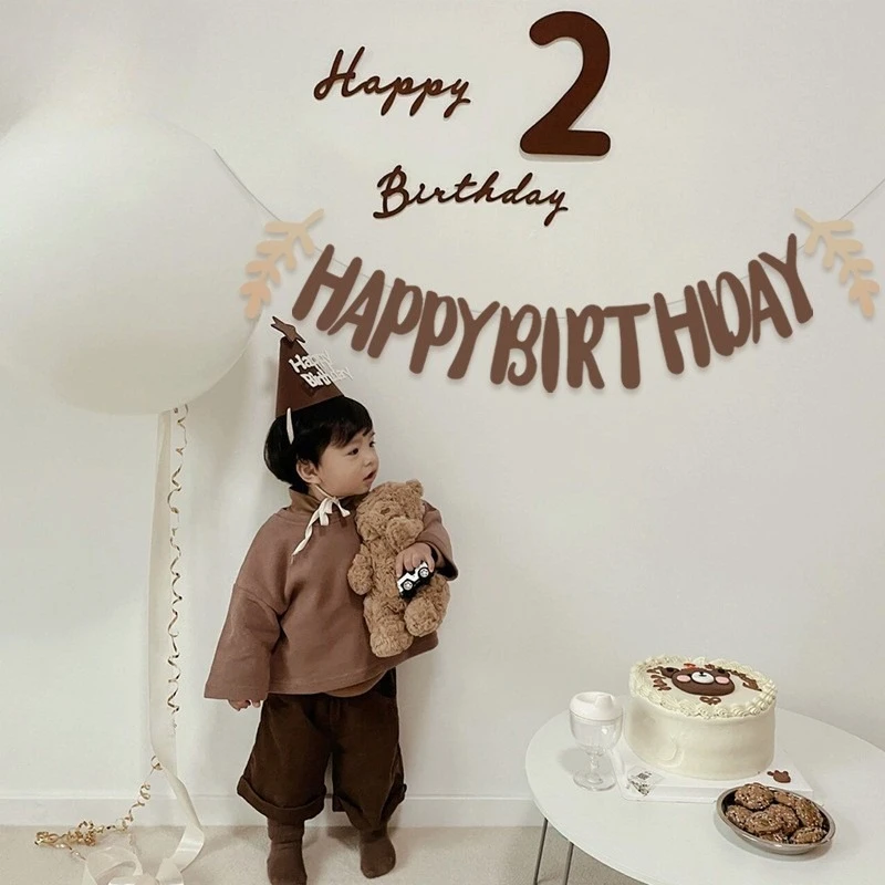 Braune, neutrale Happy Birthday-Banner mit grünen Blattdekorationen, beige Boho-Papierquasten, Kreisgirlande zum Aufhängen von Luftschlangen – Detail 8