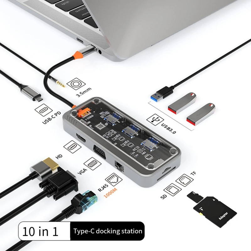 1 Uds Gigabit 10-en-1 estación de acoplamiento tipo C HUB USB Compatible con lector de tarjetas SD RJ45 gris PD 100W cargador USB 3,0 HUB