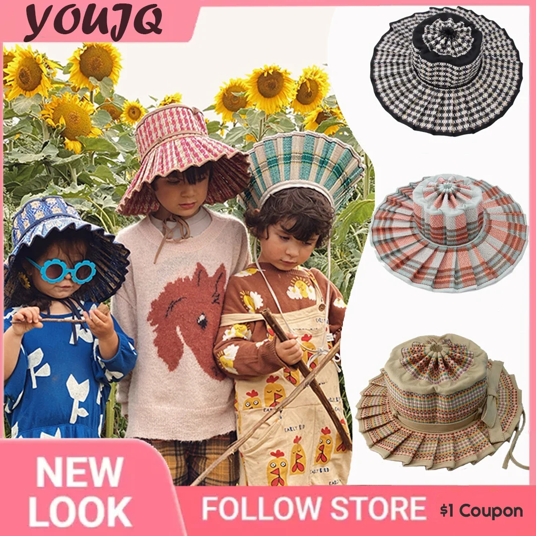 

Parent-child Lorna Style Foldable Straw Hat Hand-woven Panama Straw Hat Personality Plaid Bow Sunscreen Children Sun Bucket Caps