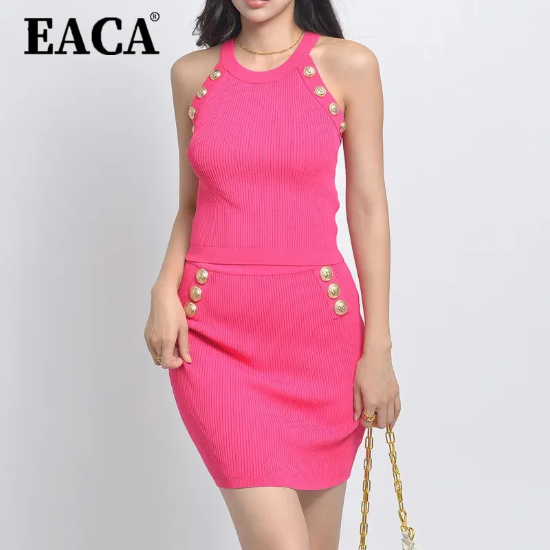 

EACA Gold Buckle Ice Silk Sleeveless Sweater+hip Wrapped Skirt Fashion Sexy Set For Women In The New Autumn And Winter Of 2025