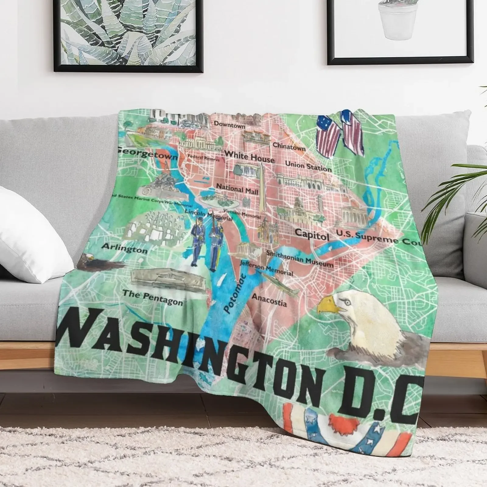 Washington DC USA Illustrated Map with Main Roads Landmarks and Highlights Throw Blanket Fashion Sofas Furry Polar Blankets