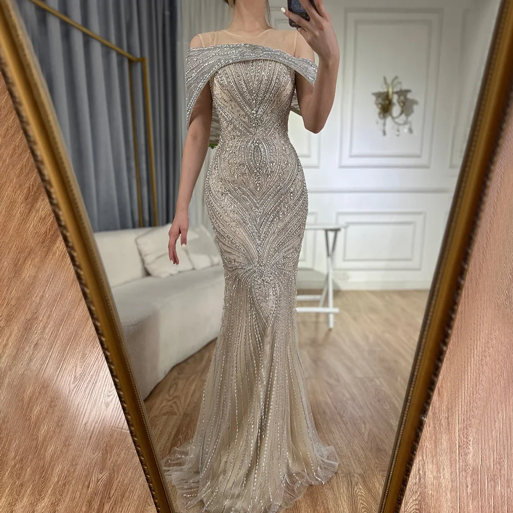 Serene Hill Customized 2025 Saudi Arabic Silver Nude Beaded Mermaid Evening Dress Gown for Formal Occasion GLA72800